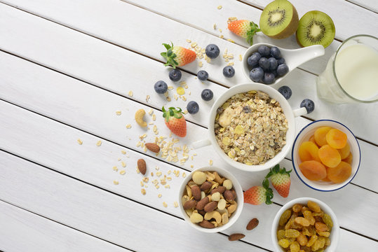 Healthy food, healthy muesli breakfast with milk and fruits on white wooden table