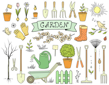 Colorful Hand Drawn Garden Tools Set