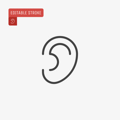 Outline Ear icon isolated on grey background. Hearing symbol for website design, mobile application, logo, ui. Editable stroke. Vector illustration. Eps10.