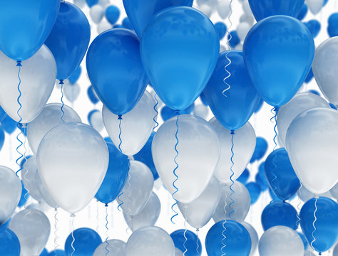 Birthday balloons blue and white isolated. 3D render illustration