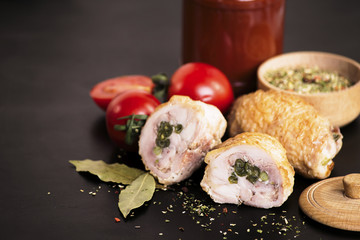 meatloaf with asparagus inside on a table