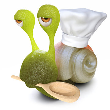 3d Funny cartoon snail bug wearing a chefs hat and carrying wooden spoon