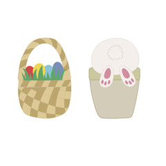 Easter straw basket with eggs and rabbit inside in childish style.