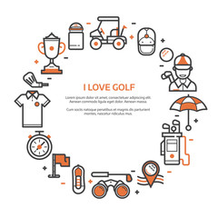 Love golf card or invitation template with copyspace in line art style. Golf icons concept background with ball, golfer, bag, umbrella and other elements and accessories with place for text.