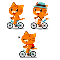 Vector set of cute cat characters riding on bicycle isolated on white background.