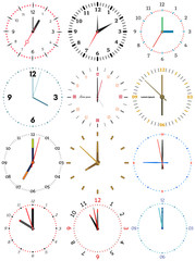 A set of different mechanical clocks with an image of each of the twelve hours. Clock face on white background.

