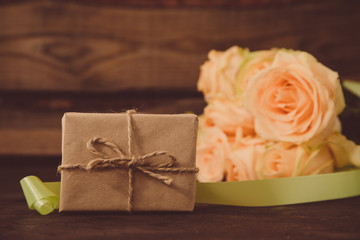 gift or present box and flowers. a gift for Valentine's day or a woman's day