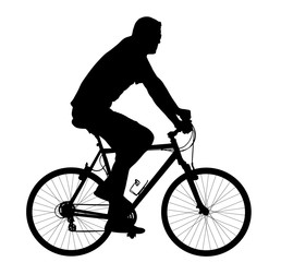 A male bicyclist riding a bicycle isolated against white background silhouette vector illustration.