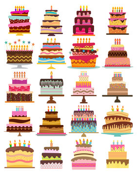 Set of twenty sweet birthday cakes with burning candles. Colorful holiday dessert. Vector celebration background.
