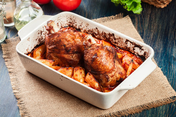 Roasted turkey knuckle with potatoes and vegetable