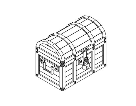 Closed wooden chest. Vector outline illustration.