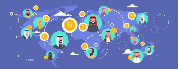 Arab People Mining Bitcoins Over World Map Modern Digital Money Network Crypto Currency Concept Vector Illustration