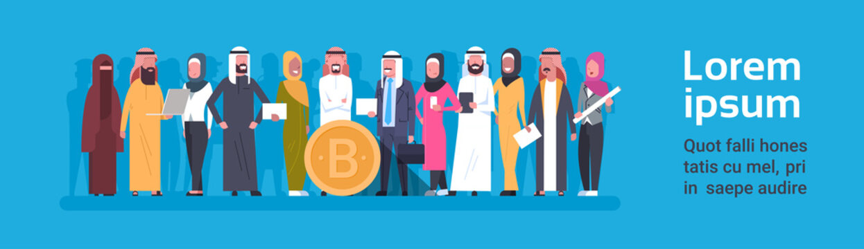 Bitcoin Crypto Currency Group Of Arab People Over Golden Digital Cryptocurrency Coin Horizontal Banner With Copy Space Flat Vector Illustration
