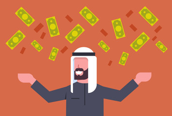 Rich Arab Business Man Throwing Money Up Muslim Businessman Financial Success Concept Flat Vector Illustration