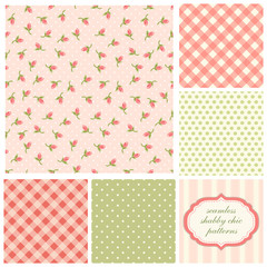 Set of cute seamless Shabby Chic patterns with roses, polka dot and plaid