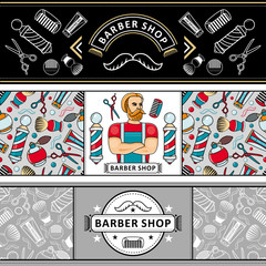 vector flat barber shop poster set with brutal hipster man with beard, shaving accesorries icons scissors, comb, shaving brush, barber pole, hairdresser sprayer. Isolated illustration white background