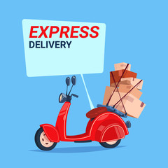 Express Delivery Service Icon Retro Motor Bike With Boxes Over Blue Background Flat Vector Illustration