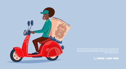 Food Delivery Service Icon African American Courier Boy Riding Motor Bike Delivering Grocery Flat Vector Illustration