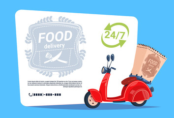 Food Delivery Service Template Banner Emblem Concept Motor Bike Over Background With Copy Space Flat Vector Illustration