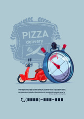 Pizza Delivery Emblem Template Banner With Copy Space Concept Red Motor Bike With Clock Flat Vector Illustration