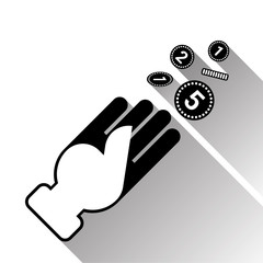Hand Throwing Up Coins Silhouette Black Icon With Long Shadow Vector Illustration
