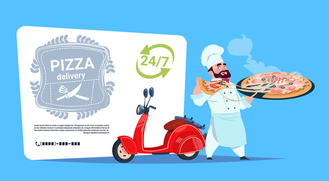 Pizza Delivery Emblem Concept Chef Cook Hold Box With Hot Dish Standing At Red Motor Bike Template Banner With Copy Space Flat Vector Illustration