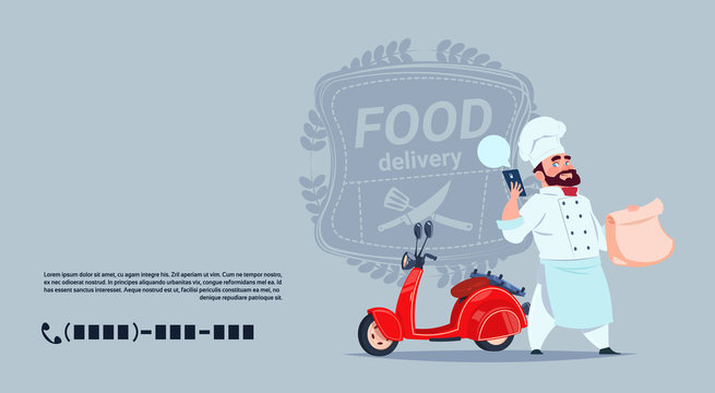 Food Delivery Emblem Concept Chef Cook Standing At Red Motor Bike Over Template Background Banner With Copy Space Flat Vector Illustration