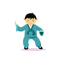Asian Man Cartton Character Wearing Traditional Clothes Kimono Isolated Over White Background Flat Vector Illustration