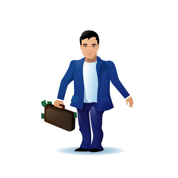 Asian Business Man Cartoon Character Run Holding Briefcase Isolated Over White Background Flat Vector Illustration
