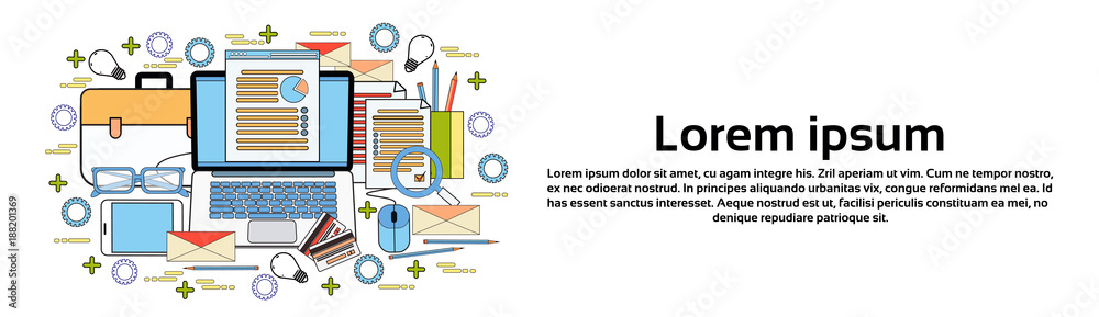 Poster computer desktop with finance chart business statistic data documents report analysis office workpla