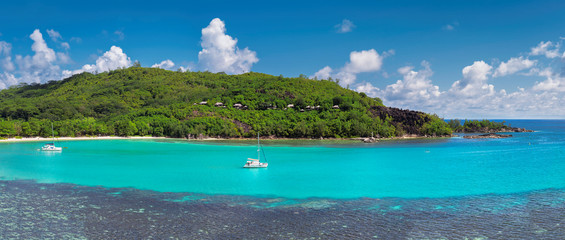 Panoramic view on tropical island in Seychelles. Summer vacation and holiday travel concept. 