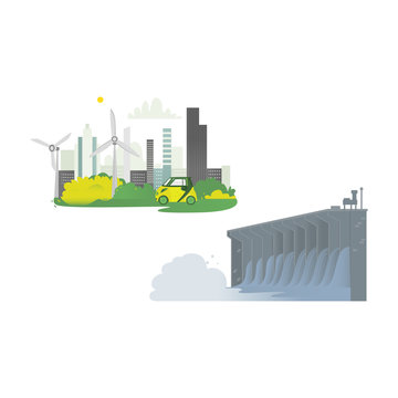 vector flat cartoon hydroelectric dam power station, green city concept set. Water power plant and factory. Green ecological renewable electricity resource. Isolated illustration on a white background