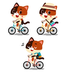 Fototapeta premium Vector set of cute calico cat characters riding on bicycle isolated on white background.
