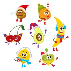Fotobehang Set of funny fruit characters with smiling human faces having fun in winter, comic, cartoon vector illustration isolated on white background. Set of happy fruit winter characters in warm clothes © sabelskaya