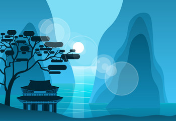 Asian Temple In Mountains In Night On Background Silhouette Pagoda Landscape Flat Vector Illustration