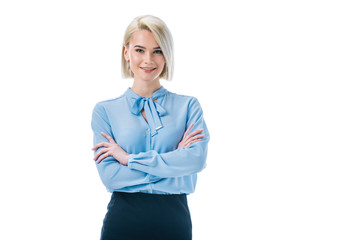 beautiful smiling businesswoman posing in formal wear with crossed arms, isolated on white