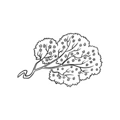 Asian japan china oriental symbols concept set. Blooming sakura cherry tree branch with flowers. Isolated flat vector illustration on a white background