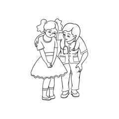 vector flat cartoon female doctor with stethoscope calming down nervous teen girl kid in hospital. Woman pediatrician in medical clothing and child. Isolated illustration on a white background.