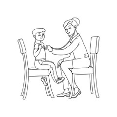 vector flat cartoon female doctor with stethoscope examining teen boy kid lungs sitting at chairs. Woman pediatrician in medical clothing and child. Isolated illustration on a white background.