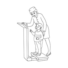 vector flat cartoon female doctor examining teen boy kid weight. Woman pediatrician in medical clothing and child. Isolated illustration on a white background.