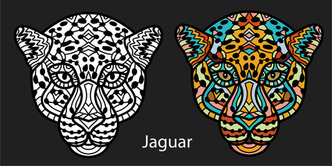 Monochrome hand-drawn ink drawing. Painted Jaguar with tribal pattern. © AyhaanA