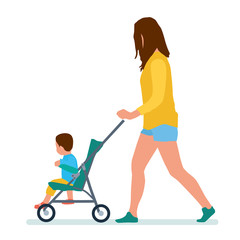 Illustration of a mother and her baby inside the stroller on a white background