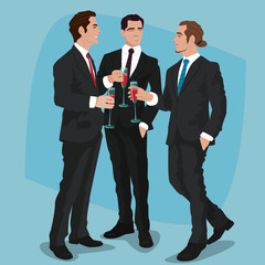 Three fashionable men in black business suits drink cocktails or red wine. Mens party concept. Simplified realistic comic art style