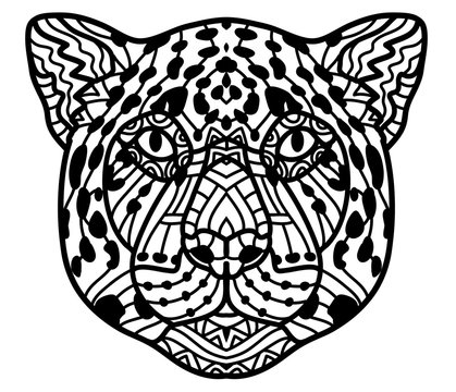 Monochrome hand-drawn ink drawing. Painted Jaguar on white background with tribal pattern.