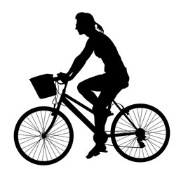 Girl riding bicycle vector silhouette illustration isolated on white background. Woman outdoor enjoying in bike driving.