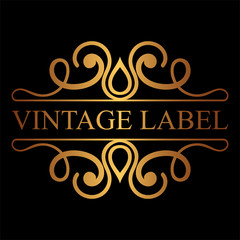 Golden vintage calligraphic label. Ornate logo template for design of invitations, greeting cards, banners, posters, placards, badges, hotel, restaurant, business identity. Vector illustration.