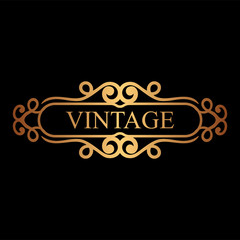 Golden vintage calligraphic label. Ornate logo template for design of invitations, greeting cards, banners, posters, placards, badges, hotel, restaurant, business identity. Vector illustration.