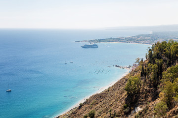 Beautiful view of the blue sea and mountains on a sunny day