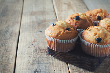 Blueberries muffins or cupcakes  on wooden texture