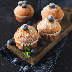 Blueberries muffins or cupcakes with mint leaves on black texture